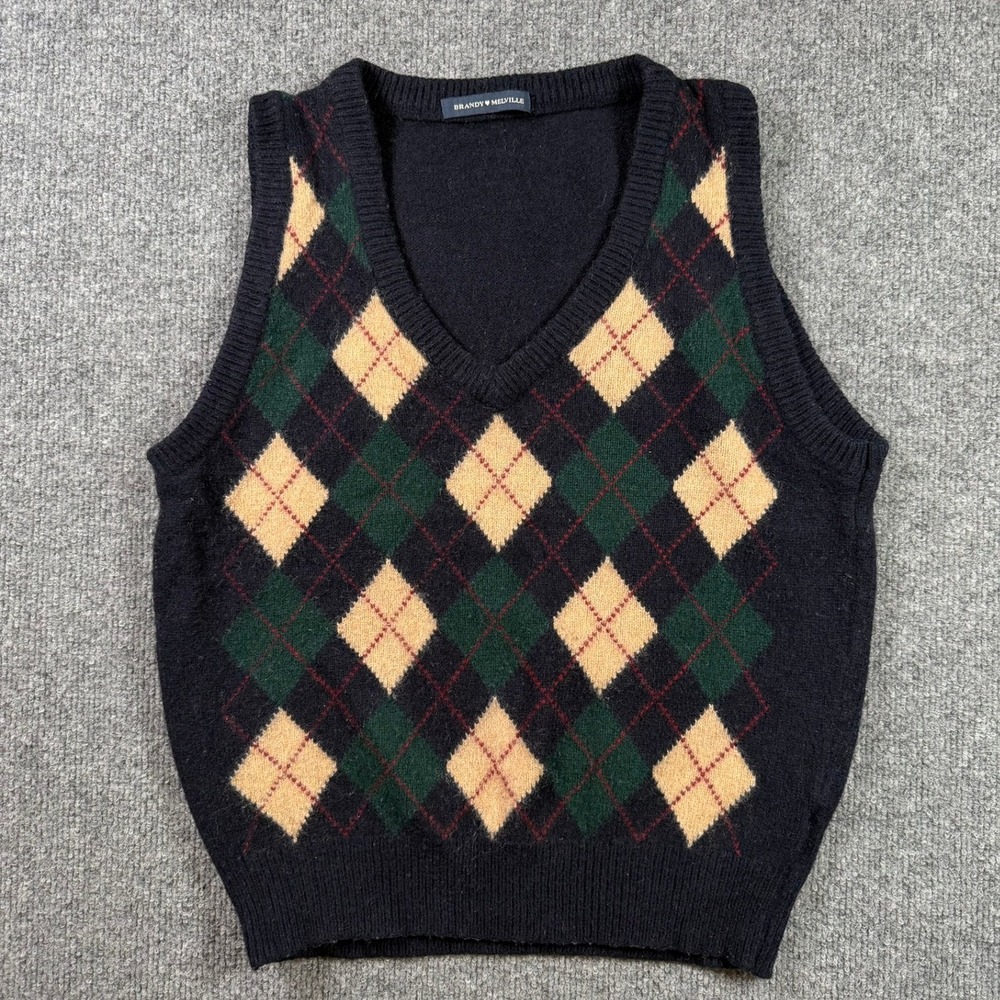 Brandy Melville Sweater Vest Women One Size Navy Blue Argyle V-Neck Knit Top